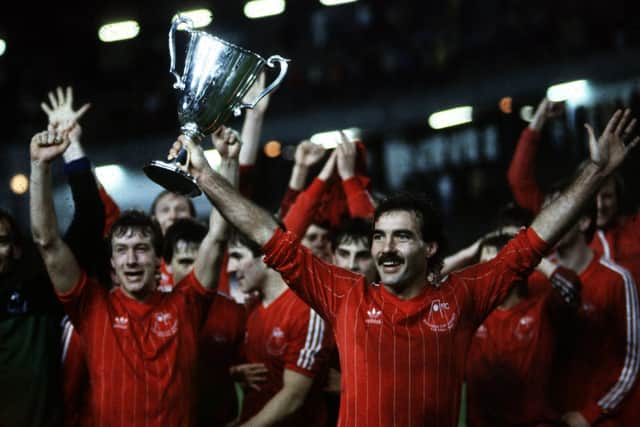 Willie Miller celebrates with the rest of the Aberdeen players after winning the Cup Winners Cup in 1983.