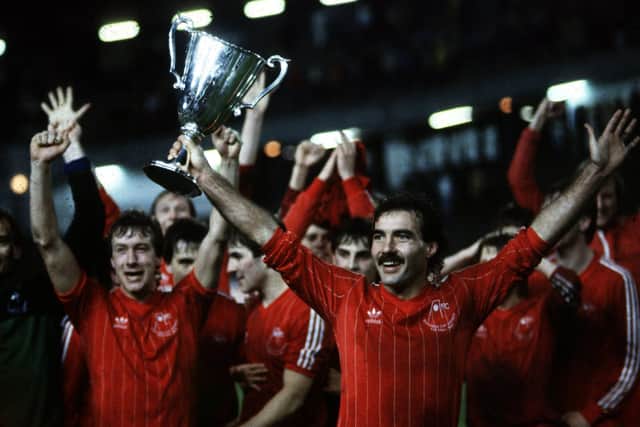 Willie Miller celebrates with the rest of the Aberdeen players after winning the Cup Winners Cup in 1983.
