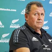 All Blacks coach Ian Foster at a news conference in Auckland as it was confirmed he would remain as All Blacks head coach. (Jed Bradley/New Zealand Herald via AP)