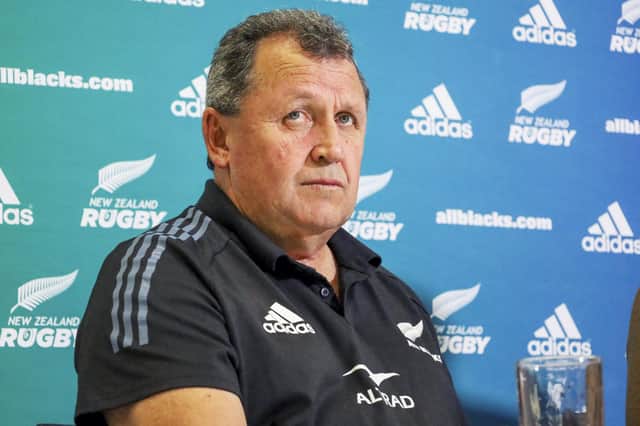 All Blacks coach Ian Foster at a news conference in Auckland as it was confirmed he would remain as All Blacks head coach. (Jed Bradley/New Zealand Herald via AP)