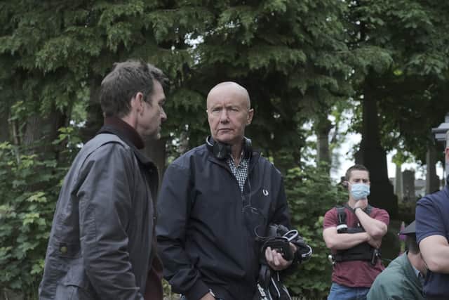 Dougray Scott and Irvine Welsh on set together during the filming of Crime.