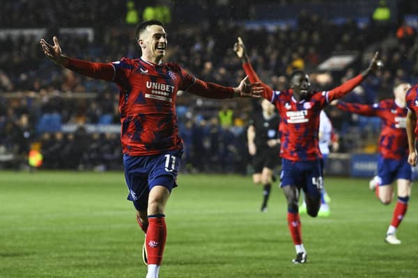 Tom Lawrence celebrates after scoring Rangers' winner against Kilmarnock at Rugby Park. (Photo by Rob Casey / SNS Group)