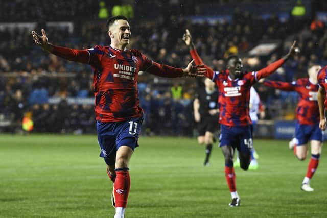 Tom Lawrence celebrates after scoring Rangers' winner against Kilmarnock at Rugby Park. (Photo by Rob Casey / SNS Group)