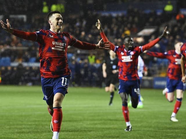 Tom Lawrence celebrates after scoring Rangers' winner against Kilmarnock at Rugby Park. (Photo by Rob Casey / SNS Group)