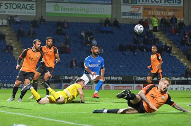 Chesterfield play Yeovil Town away on Saturday. Pictured: Stefan Payne in action against Barnet last time out.