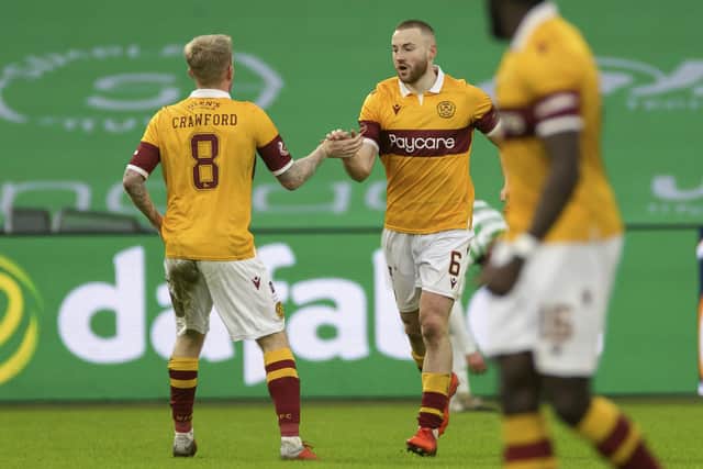 Motherwell's Allan Campbell celebrates a goal with Robbie Crawford during their side's Scottish Premiership match against Celtic on Saturday, February 6 , 2021. Photo: Steve Welsh.