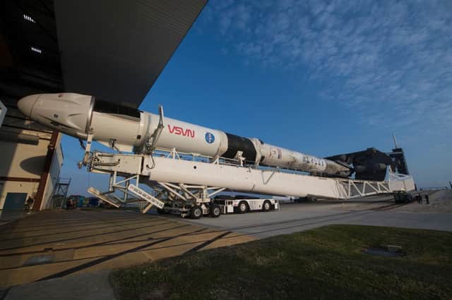 A SpaceX Falcon 9 rocket with the company's Crew Dragon spacecraft onboard is seen at NASA's Kennedy Space Center in Cape Canaveral, Florida. (Getty Images)