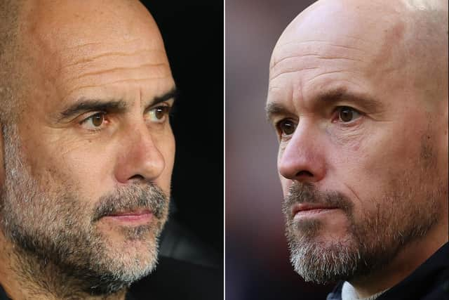 Pep Guardiola of Manchester City and Erik ten Hag of Manchester United go head to head in the FA Cup final at Wembley on Saturday. (Photo by Julian Finney/Getty Images)