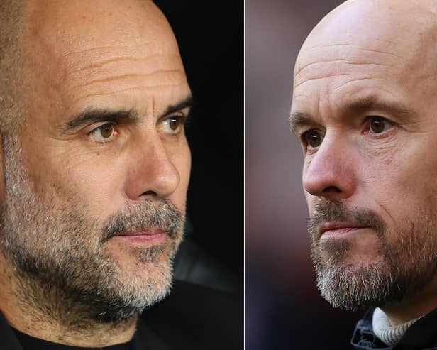 Pep Guardiola of Manchester City and Erik ten Hag of Manchester United go head to head in the FA Cup final at Wembley on Saturday. (Photo by Julian Finney/Getty Images)