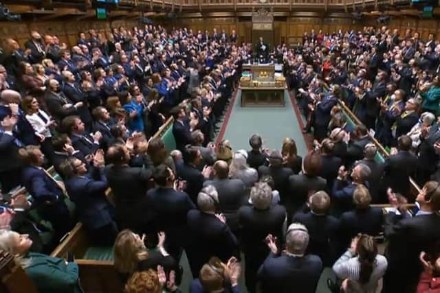 MPs give a standing ovation after Ukrainian President Volodymyr Zelensky addressed MPs in the House of Commons via videolink on the latest situation in Ukraine. Picture: PA