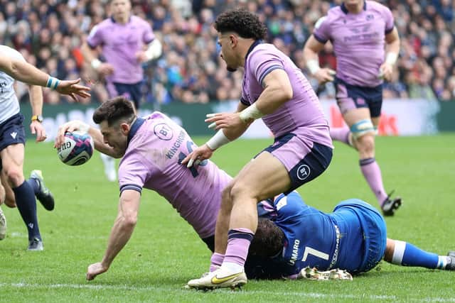Blair Kinghorn scores his first try against Italy, Scotland's second of the match. (Photo by Craig Williamson / SNS Group)