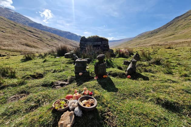 Tigh na Cailleach at the head of Glen Lyon. The 'House of the Old Woman' is a shrine to the Celtic goddess Cailleach, both regarded as a creator and protector and the harbinger of winter whose presence in the glen is said to have brought on fair weather, good crops and prosperity.
