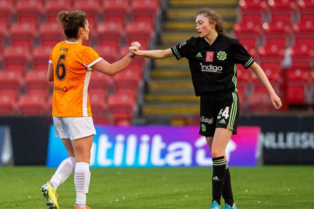 CUMBERNAULD, SCOTLAND - OCTOBER 17: Glasgow City's Jo Love (left) with Tegan Bowie during a Scottish Women's Premier League match between Glasgow City and Celtic, on October 18, 2020, in Cumbernauld, Scotland Love and Bowie(Photo by Ross MacDonald / SNS Group)