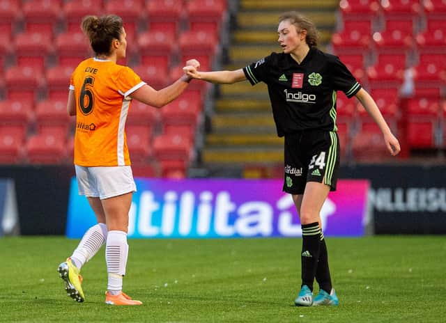 CUMBERNAULD, SCOTLAND - OCTOBER 17: Glasgow City's Jo Love (left) with Tegan Bowie during a Scottish Women's Premier League match between Glasgow City and Celtic, on October 18, 2020, in Cumbernauld, Scotland Love and Bowie(Photo by Ross MacDonald / SNS Group)