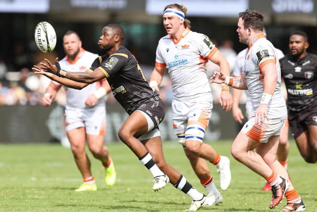 Aphelele Fassi of the Hollywoodbets Sharks juggles the ball against Edinburgh during the Challenge Cup quarter-final at Kings Park in Durban. (Photo by Steve Haag Sports/INPHO/Shutterstock)