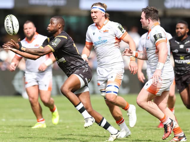 Aphelele Fassi of the Hollywoodbets Sharks juggles the ball against Edinburgh during the Challenge Cup quarter-final at Kings Park in Durban. (Photo by Steve Haag Sports/INPHO/Shutterstock)