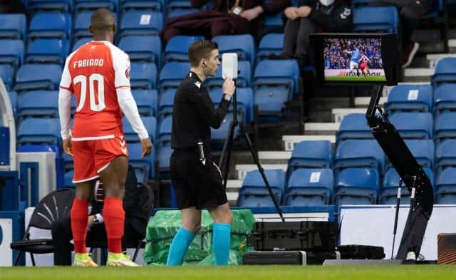 Rangers had a goal disallowed in their Europa League quarter-final, second leg match against Braga at Ibrox for handball against Borna Barisic after a VAR review. (Photo by Alan Harvey / SNS Group)