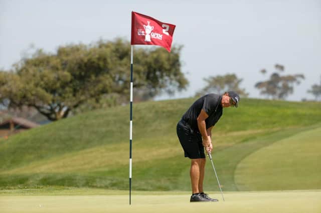 Phil Mickelson putts during a practice round prior to the start of the 2021 US Open at Torrey Pines in San Diego, California. Picture: Ezra Shaw/Getty Images.