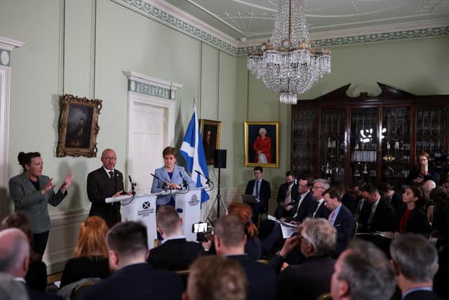 Scottish Government Minister and Scottish Green Party Co-Leader Patrick Harvie (centre left) and First Minister Nicola Sturgeon (centre) launch the new paper on Scottish independence. PIC: Russell Cheyne/PA Wire