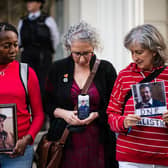 Relatives of those who died during the pandemic gather ahead of the first day of the second phase of the UK Covid-19 public inquiry at Dorland House in London. Picture: Leon Neal/Getty Images