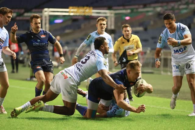 Edinburgh’s Duhan Van Der Merwe scores their side's fifth try.