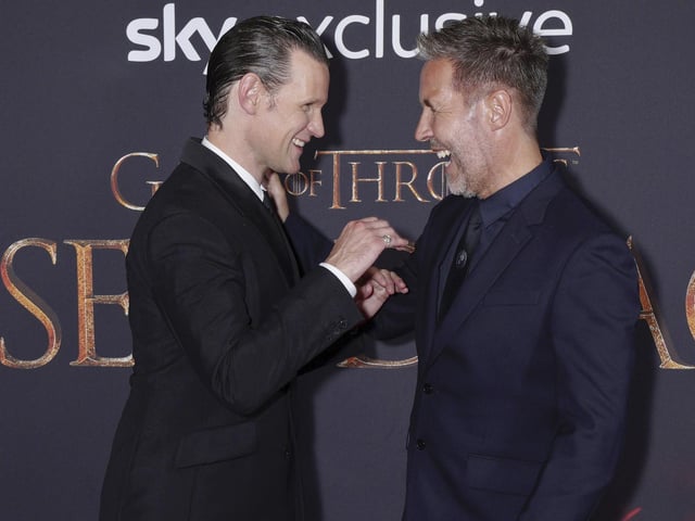 Matt Smith and Paddy Considine, who play brothers Daemon Targaryen and Viserys Targaryen, laugh together at the House of the Dragon premiere (Photo by Scott Garfitt/Invision/AP)