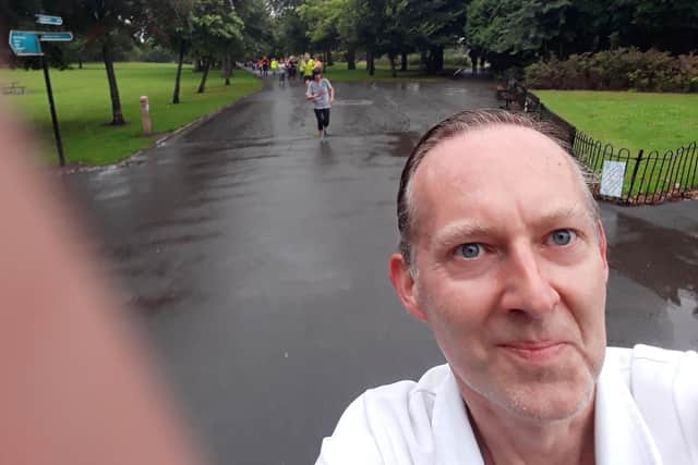 Alastair Dalton midway through his first parkrun in Glasgow last Saturday