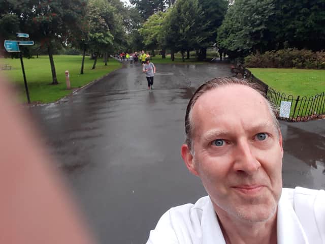 Alastair Dalton midway through his first parkrun in Glasgow last Saturday