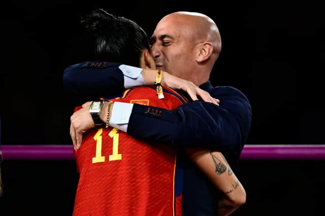 Spanish Football Federation (RFEF) President Luis Rubiales kisses Jenni Hermoso after Spain win the FIFA Womens World Cup 2023 final football match between Spain and England at Stadium Australia in Sydney. Pic: Richard Callis/SPP/Shutterstock