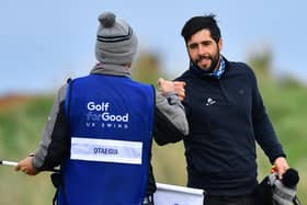 Adrian Otaegui celebrates holing the winning putt with his caddie on the 18th green during the final round of the Scottish Championship presented by AXA at Fairmont St Andrews. Picture: Mark Runnacles/Getty Images