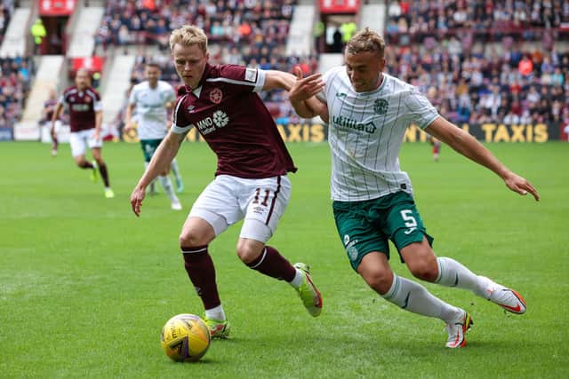 Hibs defender Ryan Porteous, right, was in good form against Hearts.