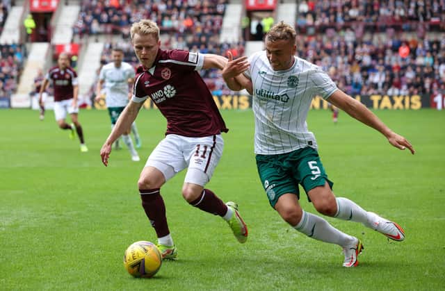 Hibs defender Ryan Porteous, right, was in good form against Hearts.