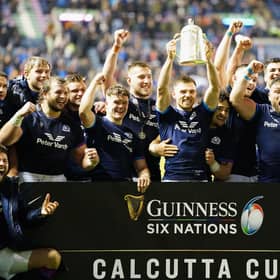 Scotland players celebrate with the Calcutta Cup after the Six Nations match at BT Murrayfield, Edinburgh. Picture date: Saturday February 5, 2022. PA Photo. See PA story RUGBY Scotland. Photo credit should read: Jane Barlow/PA Wire.RESTRICTIONS: Use subject to restrictions. Editorial use only, no commercial use without prior consent from rights holder.