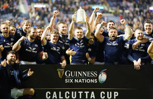 Scotland players celebrate with the Calcutta Cup after the Six Nations match at BT Murrayfield, Edinburgh. Picture date: Saturday February 5, 2022. PA Photo. See PA story RUGBY Scotland. Photo credit should read: Jane Barlow/PA Wire.
RESTRICTIONS: Use subject to restrictions. Editorial use only, no commercial use without prior consent from rights holder.