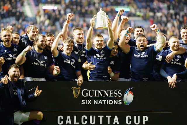 Scotland players celebrate with the Calcutta Cup after the Six Nations match at BT Murrayfield, Edinburgh. Picture date: Saturday February 5, 2022. PA Photo. See PA story RUGBY Scotland. Photo credit should read: Jane Barlow/PA Wire.
RESTRICTIONS: Use subject to restrictions. Editorial use only, no commercial use without prior consent from rights holder.