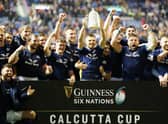 Scotland players celebrate with the Calcutta Cup after the Six Nations match at BT Murrayfield, Edinburgh. Picture date: Saturday February 5, 2022. PA Photo. See PA story RUGBY Scotland. Photo credit should read: Jane Barlow/PA Wire.

RESTRICTIONS: Use subject to restrictions. Editorial use only, no commercial use without prior consent from rights holder.