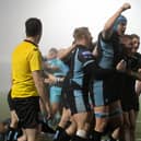 Glasgow players celebrate Johnny Matthews' late try in the win over Exeter (Photo by Ross Parker / SNS Group)