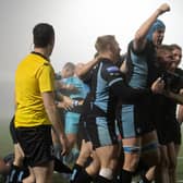 Glasgow players celebrate Johnny Matthews' late try in the win over Exeter (Photo by Ross Parker / SNS Group)