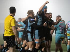 Glasgow players celebrate Johnny Matthews' late try in the win over Exeter (Photo by Ross Parker / SNS Group)