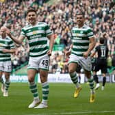 James Forrest celebrates opening the scoring for Celtic against Hibs.