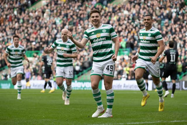 James Forrest celebrates opening the scoring for Celtic against Hibs.