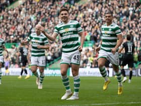James Forrest celebrates opening the scoring for Celtic against Hibs.