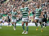 James Forrest celebrates opening the scoring for Celtic against Hibs.
