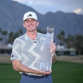 Nick Dunlap poses with the trophy after winning The American Express in La Quinta, California. Picture: Orlando Ramirez/Getty Images.