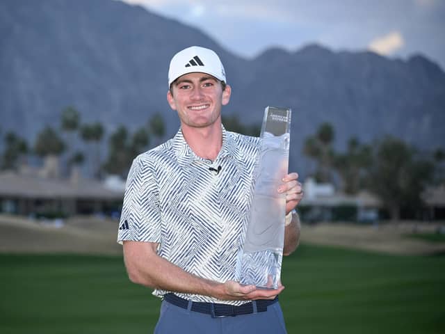 Nick Dunlap poses with the trophy after winning The American Express in La Quinta, California. Picture: Orlando Ramirez/Getty Images.