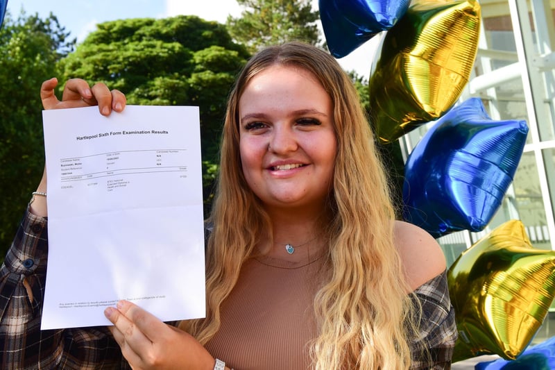 Mollie Sheehan celebrating a Distinction Star and two distinctions in BTEC health and social care at Hartlepool Sixth Form College.