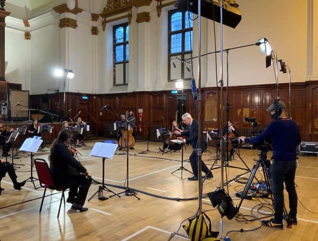 The Glasgow Barons orchestra filming Tchaikovsky's Serenade, MacLeod Hall, Pearce Institute