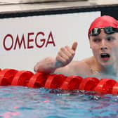 Duncan Scott reacts after finishing fastest in the Men's 200m Freestyle semi-final on day three of the Tokyo 2020 Olympic Games at the Tokyo Aquatics Centre