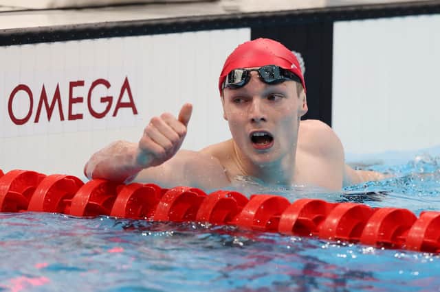 Duncan Scott reacts after finishing fastest in the Men's 200m Freestyle semi-final on day three of the Tokyo 2020 Olympic Games at the Tokyo Aquatics Centre