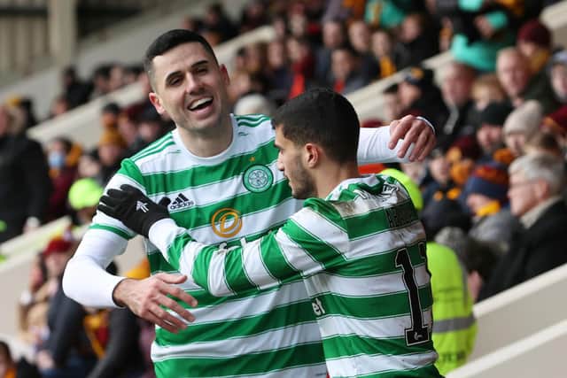 Celtic's Tom Rogic celebrates with Liel Abada after making it 3-0 against Motherwell. (Photo by Alan Harvey / SNS Group)